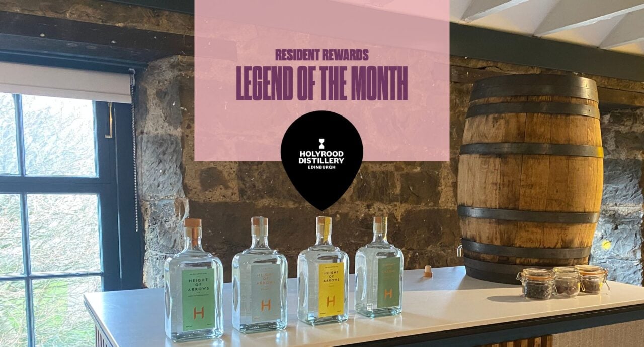 Holyrood Distillery Wooden barrel and Bottles with pink logo saying Legend of Month and Holyrood Ditillery Logo.