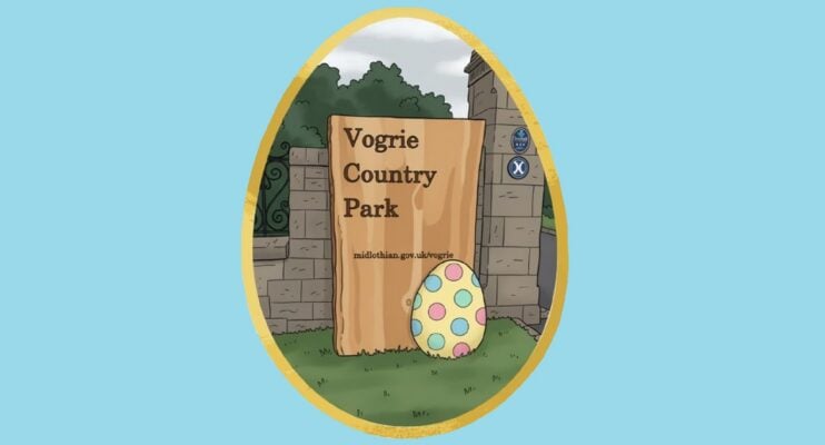 Cartoon image of a stone gateway, with a large colourful egg.