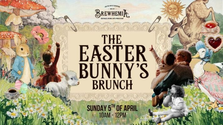 Poster image for Easter Bunny's Brunch, with rabbits, lambs, deer and eggs.
