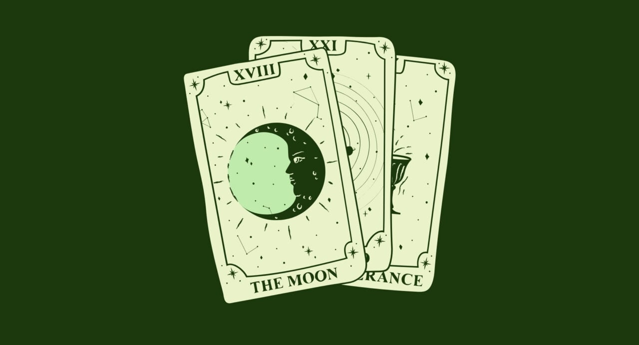 3 Tarot cards overlapping each other, against a green background.