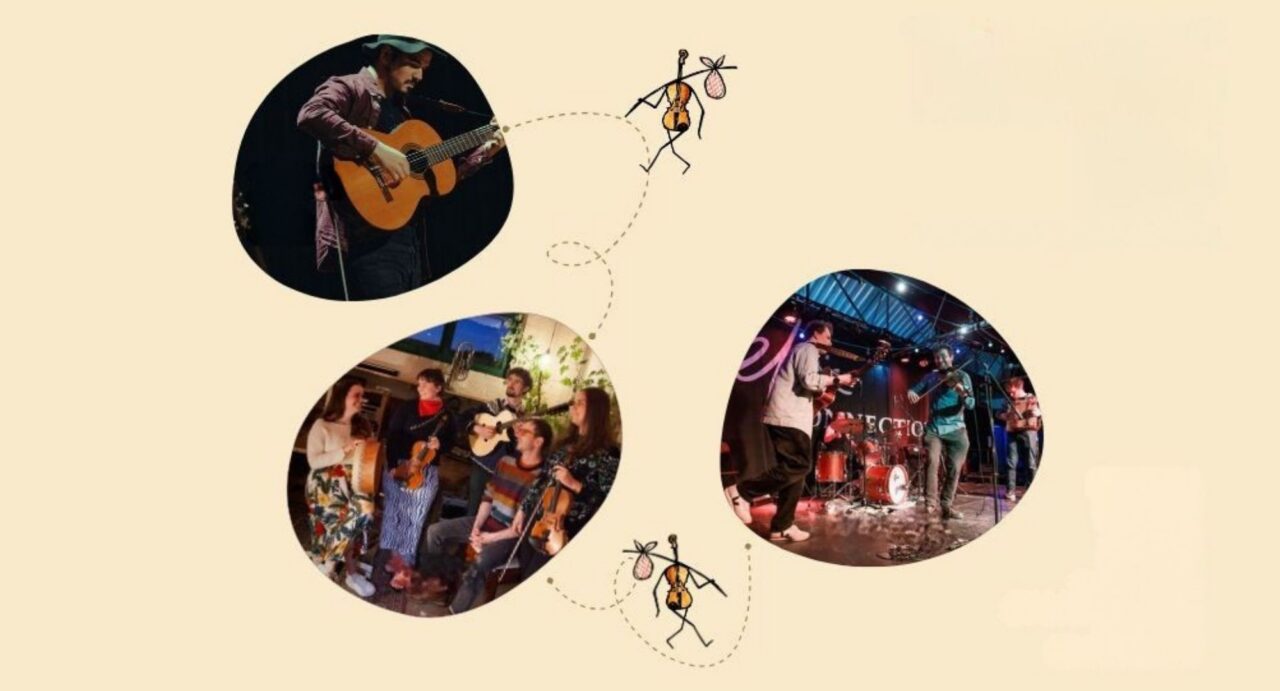 Cream-coloured background with 3 ovals, with images inside each of musicians.