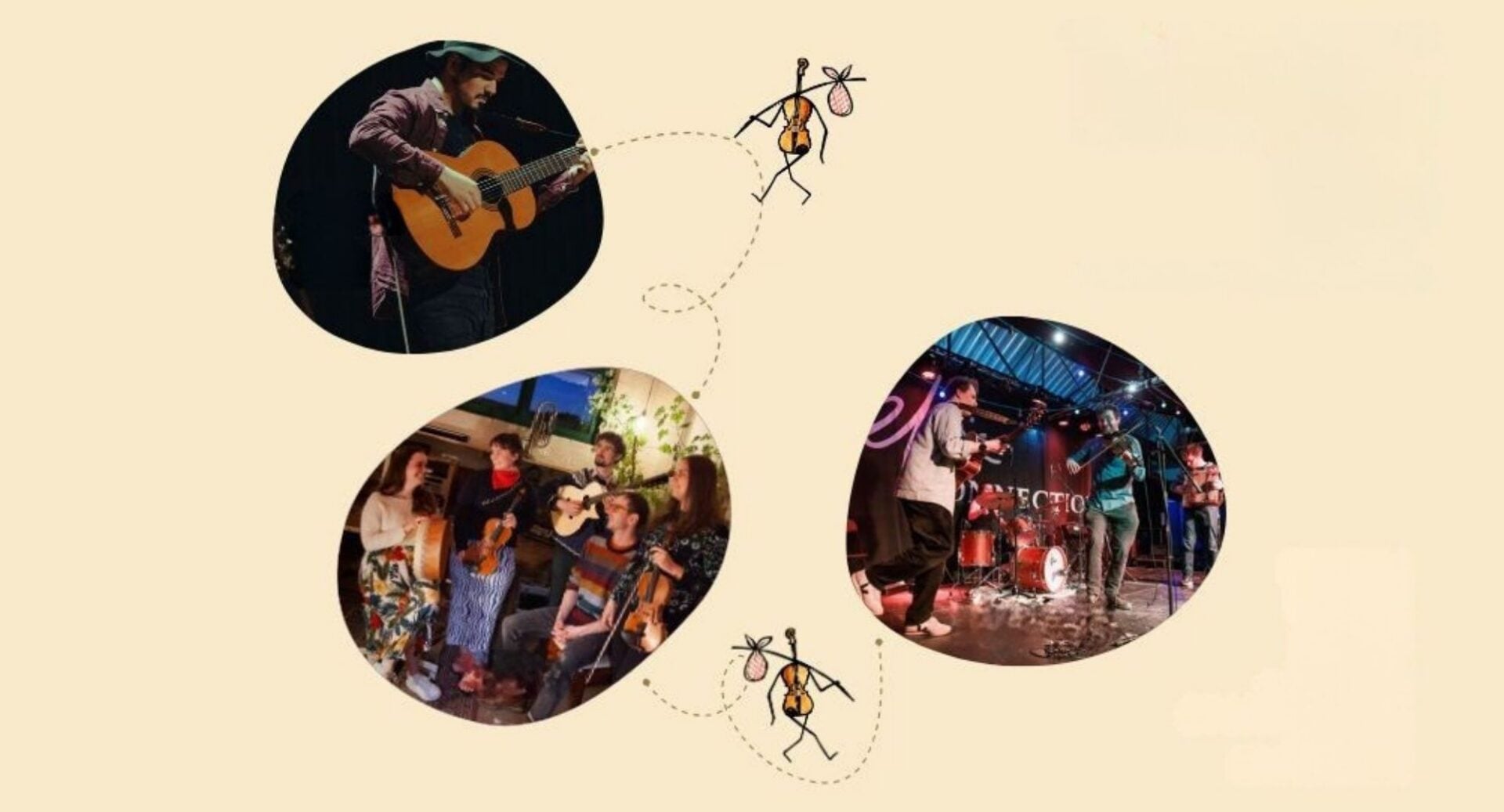 Cream-coloured background with 3 ovals, with images inside each of musicians.