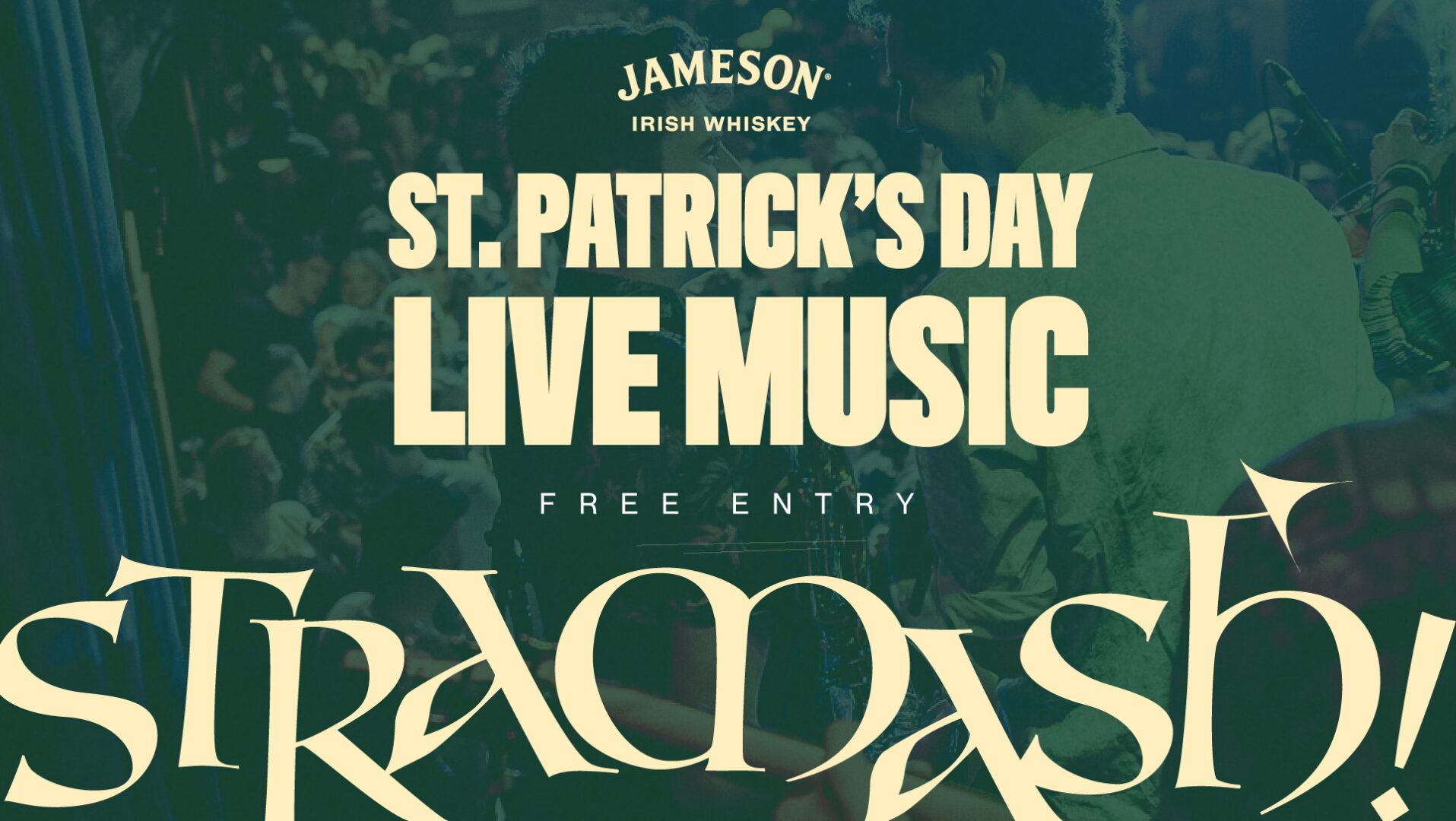 Poster image in green and cream of St Patrick's Day at Stramash.