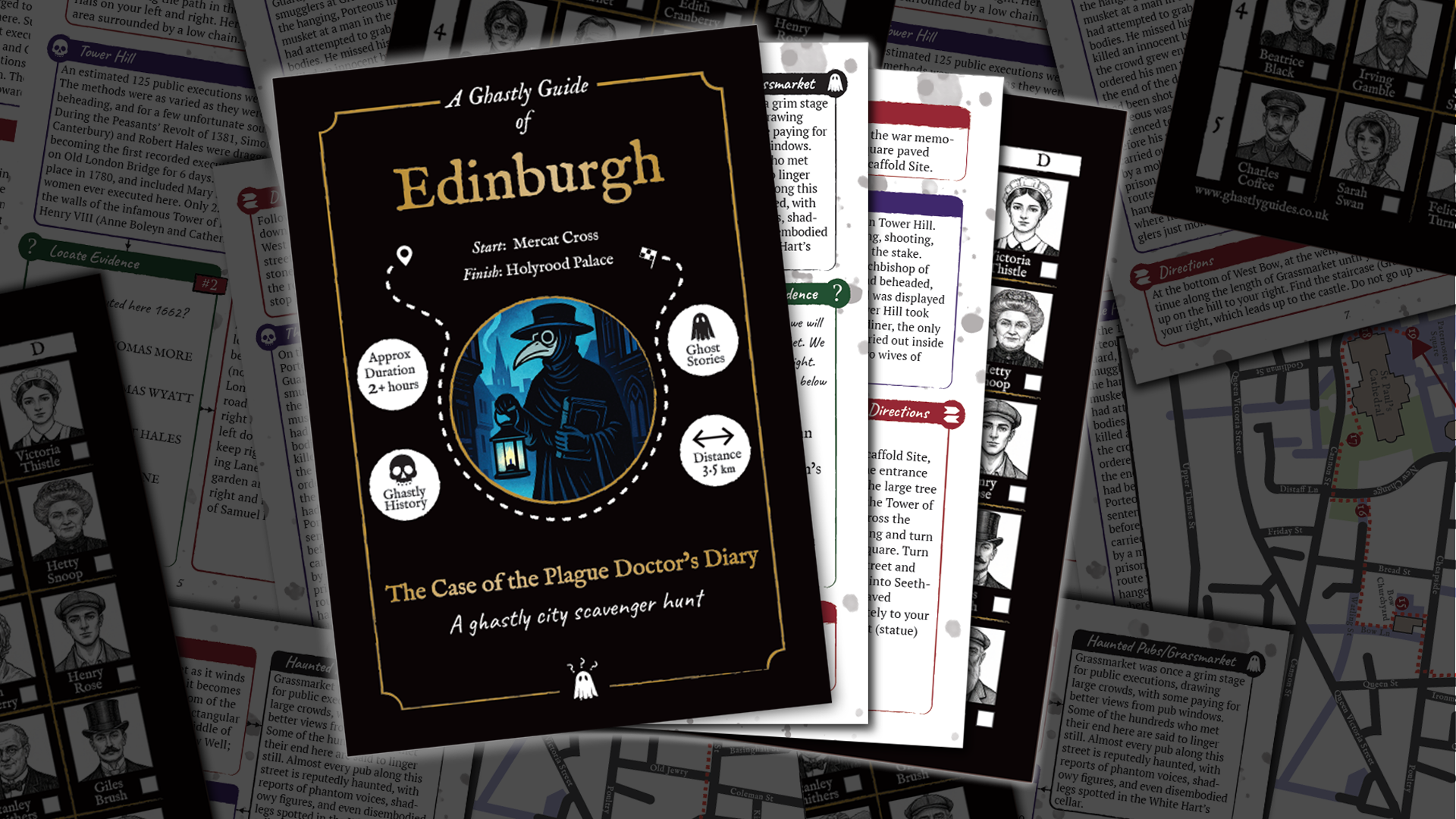 Ghastly Guide of Edinburgh cover, example pages and suspects sheet,© Ghastly Guides