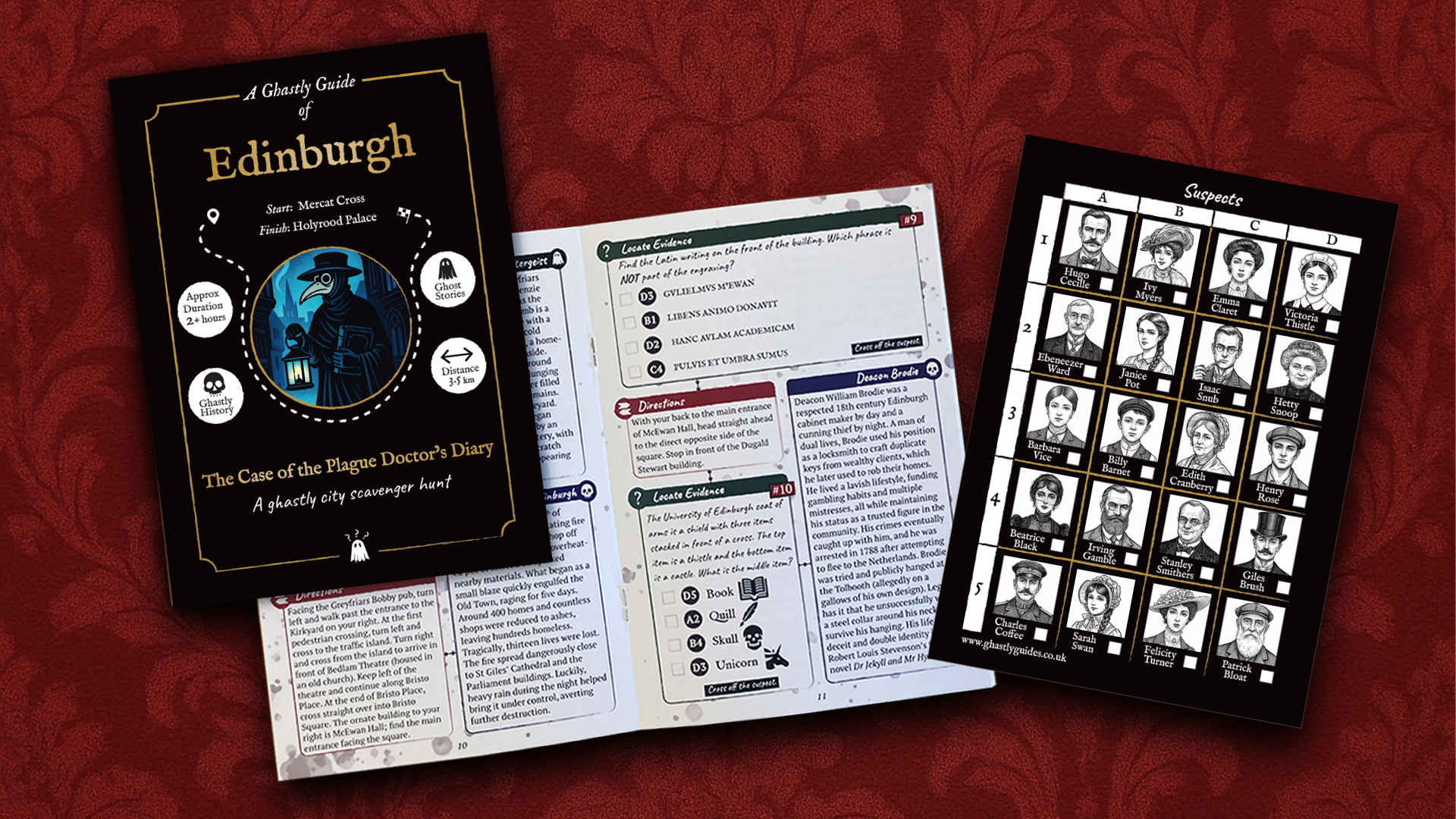 Ghastly Guide of Edinburgh cover, example pages and suspects sheet,© Ghastly Guides