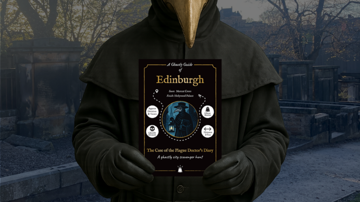 Plague doctor holding Ghastly Guide of Edinburgh in Greyfriars Kirkyard,© Ghastly Guides