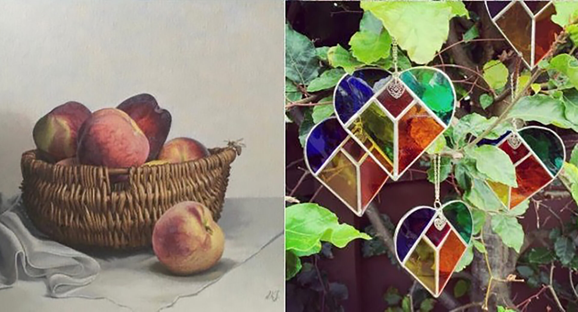 Drawing of bowl of peaches and Plant with Stained glass hearts hanging from plant