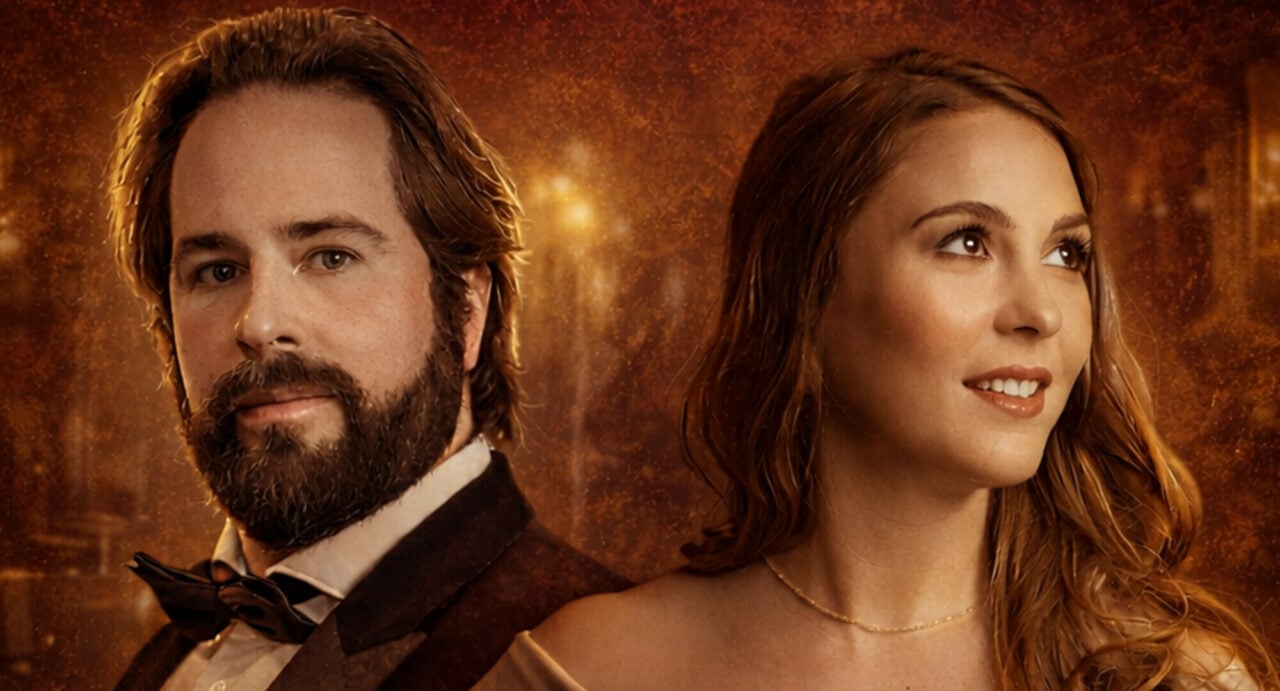 Head portraits of a man and woman, against a brown background.