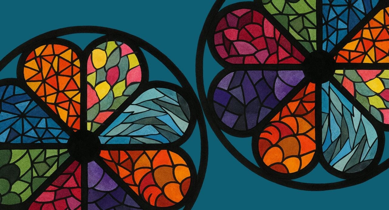 Stained glass image, in shape of a 3-petal flower, in bright colours.