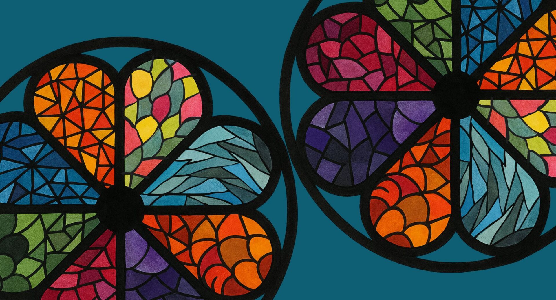Stained glass image, in shape of a 3-petal flower, in bright colours.