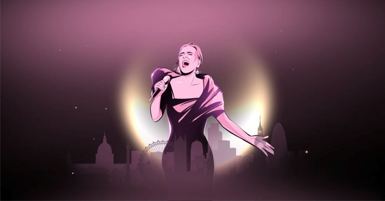 Poster image of a woman singing, against a backdrop of a city skyline.