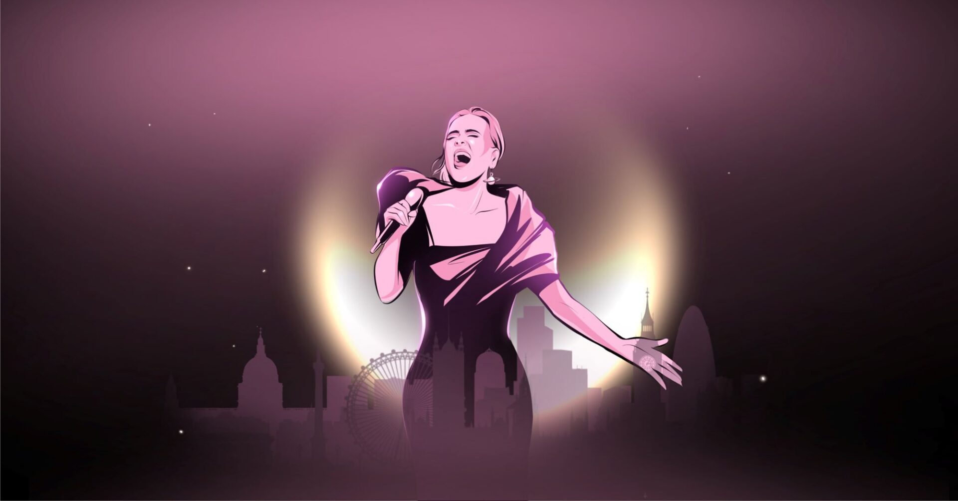Poster image of a woman singing, against a backdrop of a city skyline.