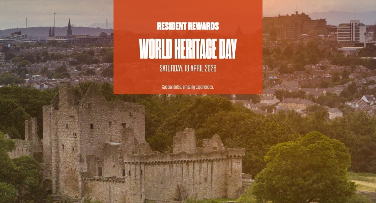 Image of Craigmillar castle with Edinburgh skyline at back of image including Edinburgh Castle. Organe Resident Day logo saying World Heritage Day is on top of image.