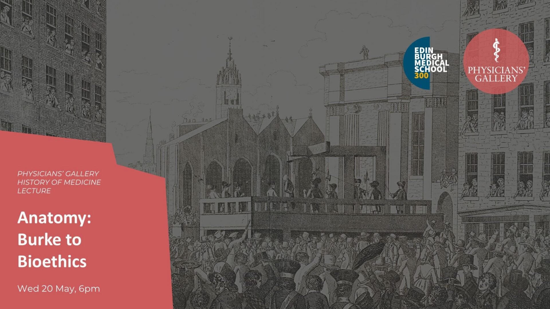 Black and white drawing of a gathering of people against a city backdrop.