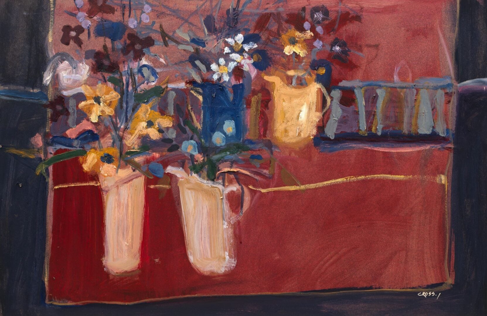 Painting of vases of flowers sitting on a table.
