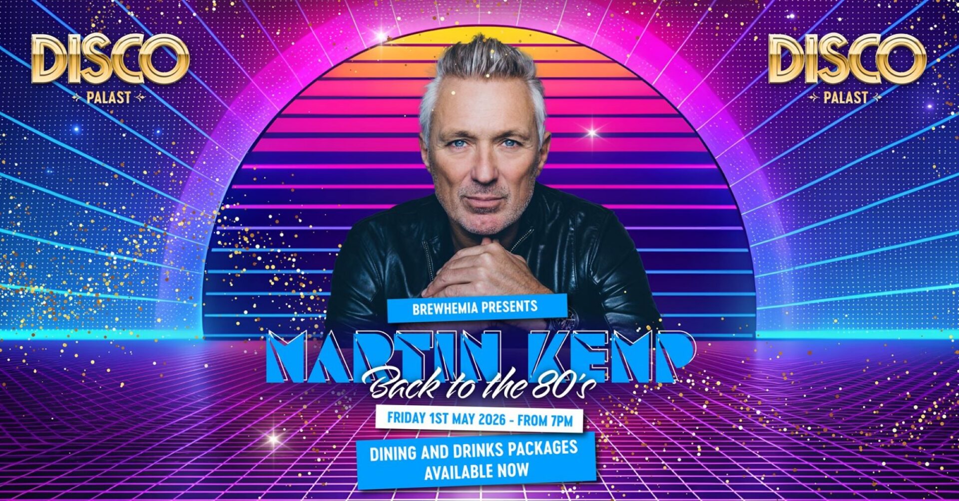 Poster image in blue and purple. Head and shoulders image of man sits in front of a rainbow.