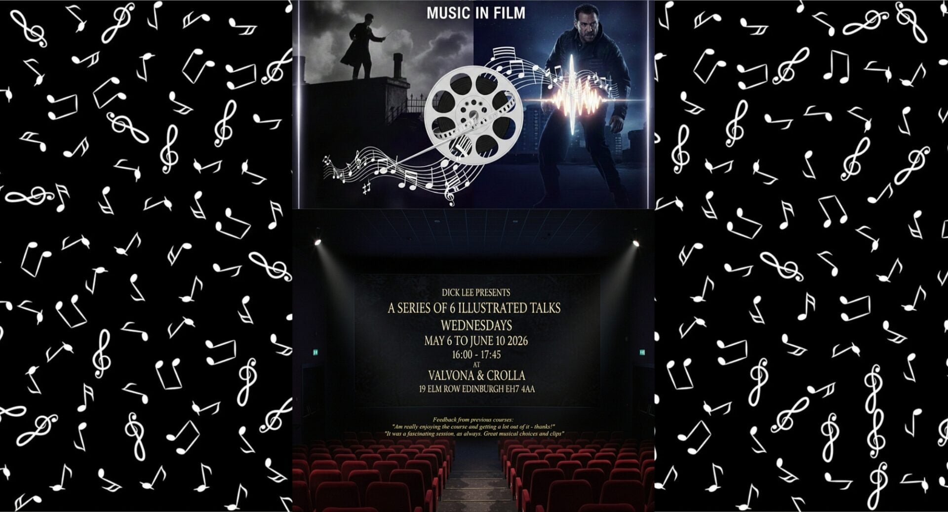 Poster image with musical notes and reels on a black background.