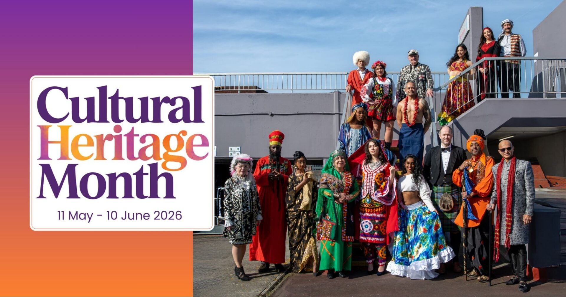 A group of people wearing different country's national dress, standing outdoors on a set of stairs.