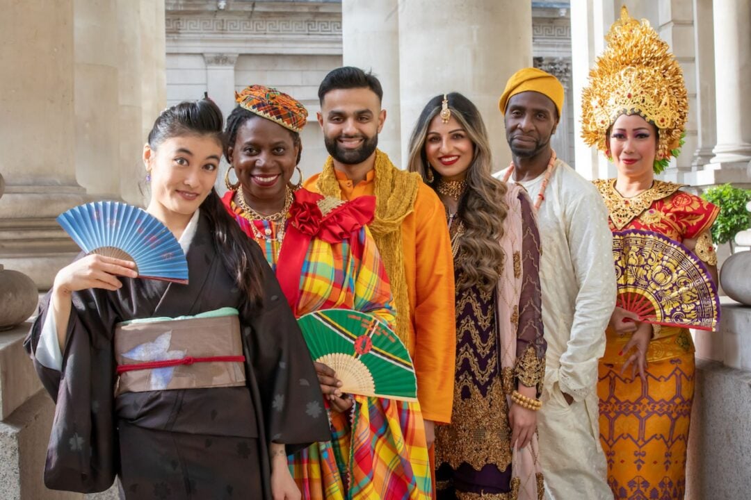 6 people wearing different country's national dress.