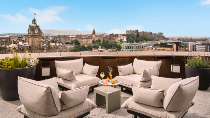 W Deck seating with view over the city and Edinburgh Castle ,© Marriott International Ltd