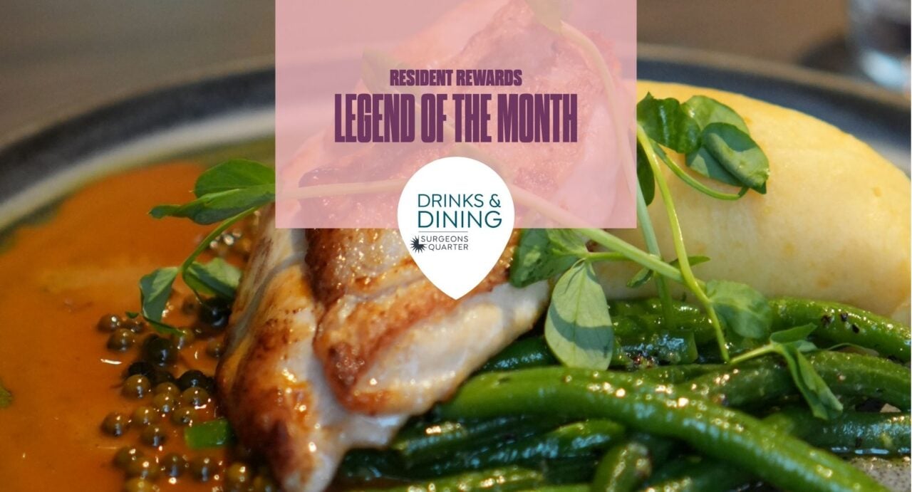 Food at Drinks and Dining at Ten Hill Place with a pink logo over the top saying resident reward legend of the month