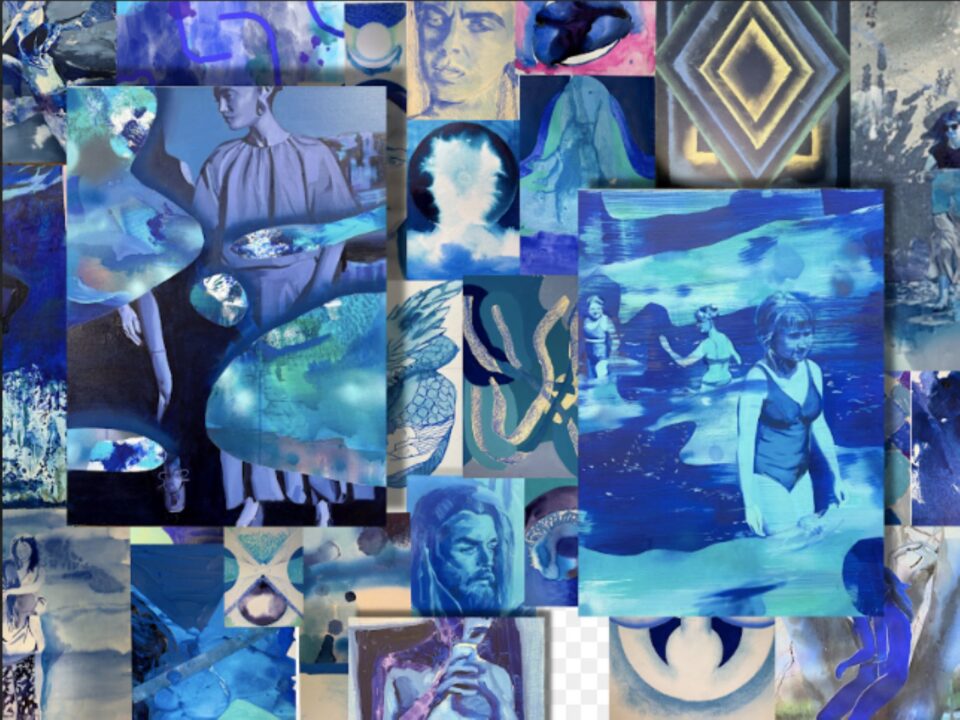 A montage of images in people in shades of blue.
