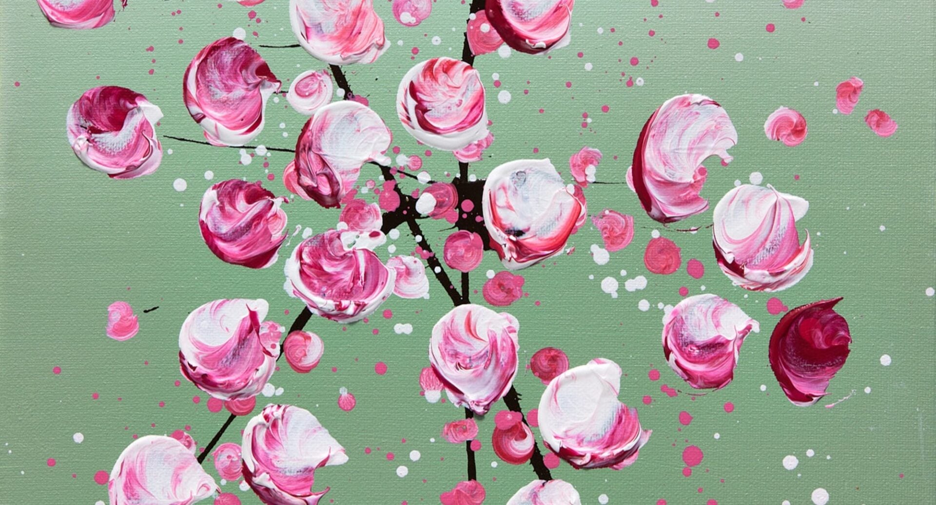 A painting of pink cherry blossom on a green background.