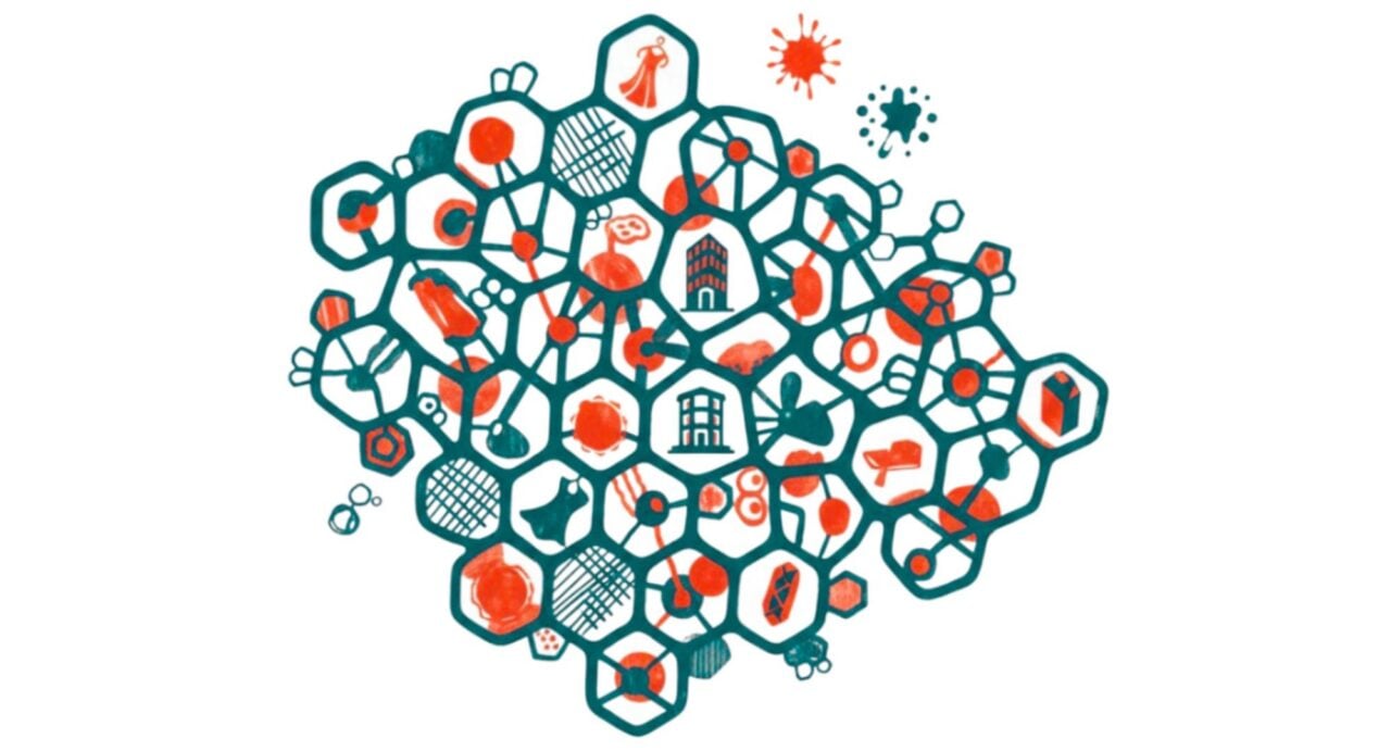 A mass of cells in shades of green and red, with images in each cell.