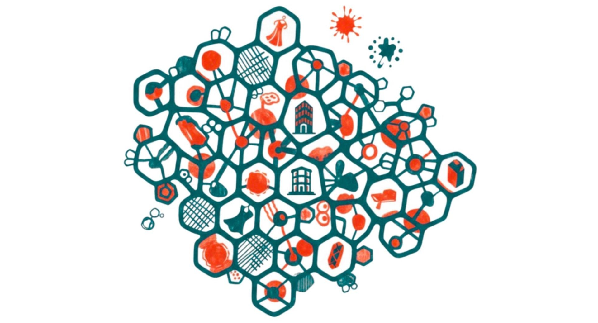 A mass of cells in shades of green and red, with images in each cell.