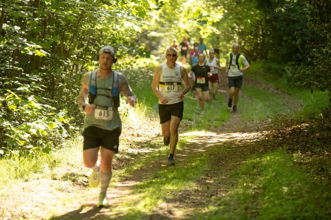 Runners running through a sunny wooded area.