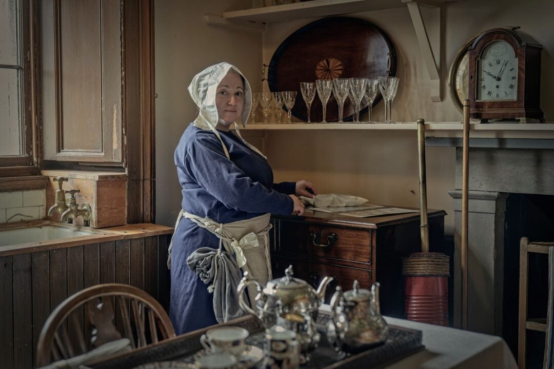Lady dressed as servant in the Lauriston castle kitchen area
