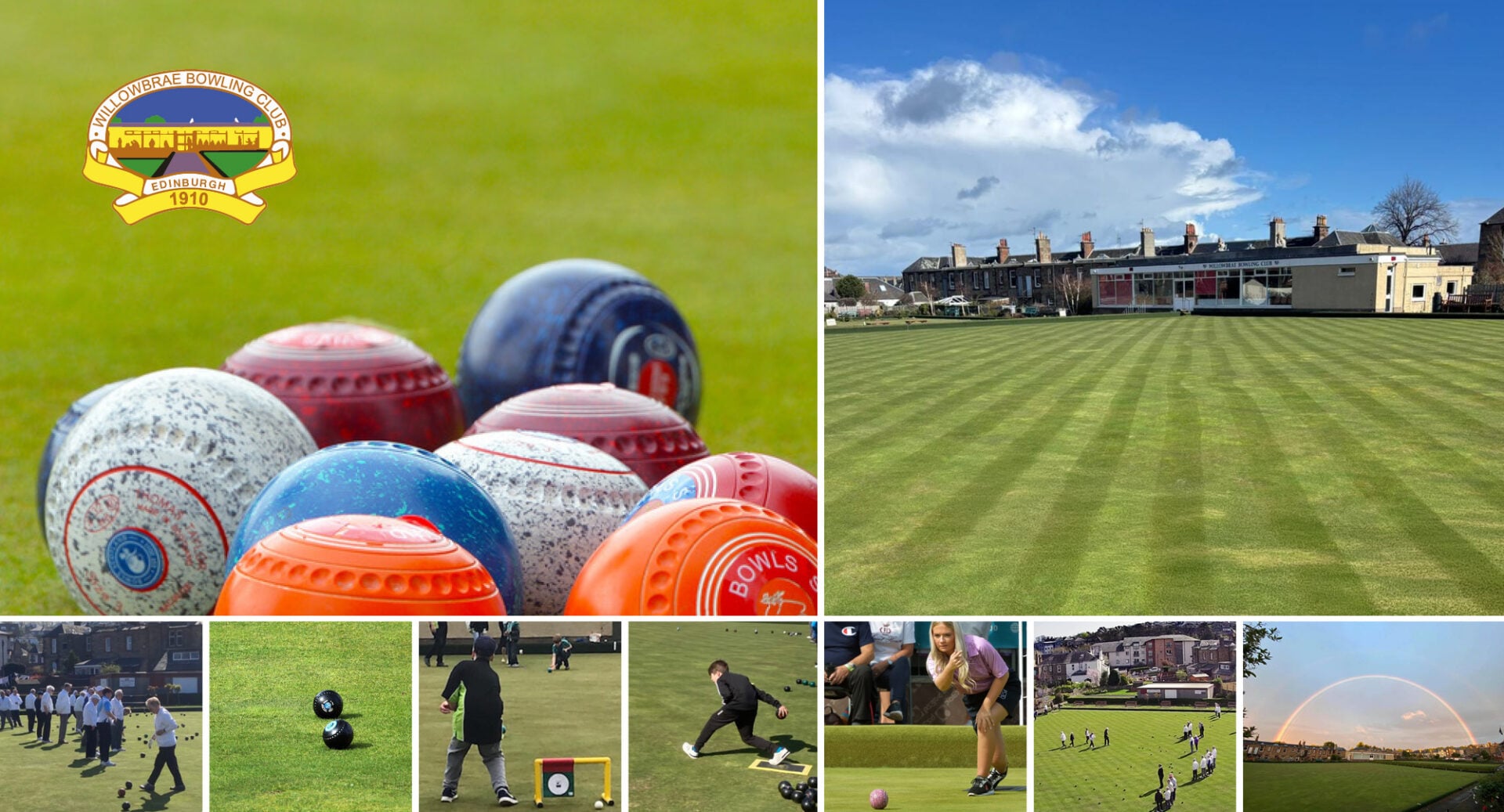 Collage of images relating to bowling, including bowling balls, a green and people playing.