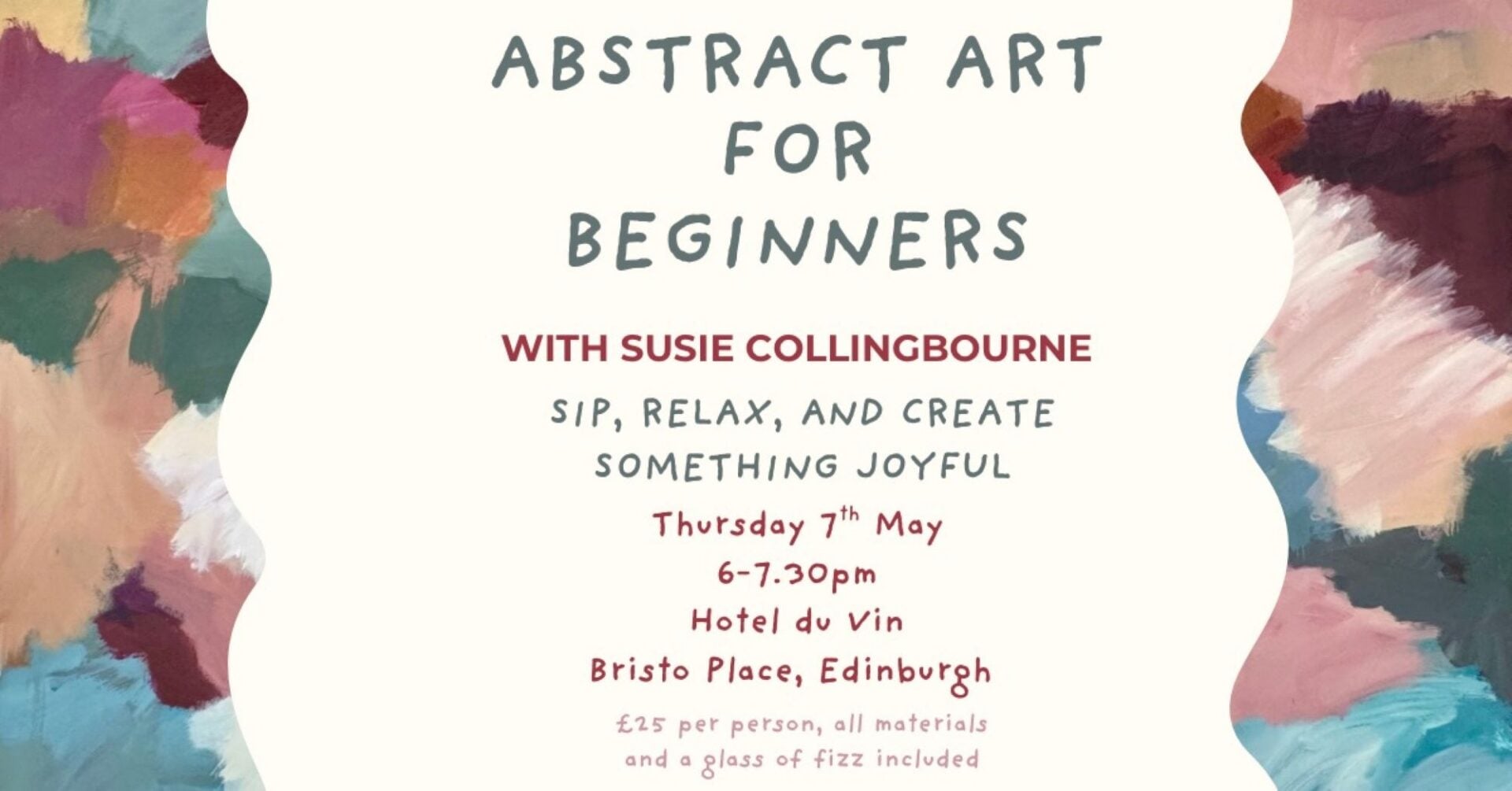 Poster image, with blocks of colour of either side, advertising Abstract Art for Beginners.