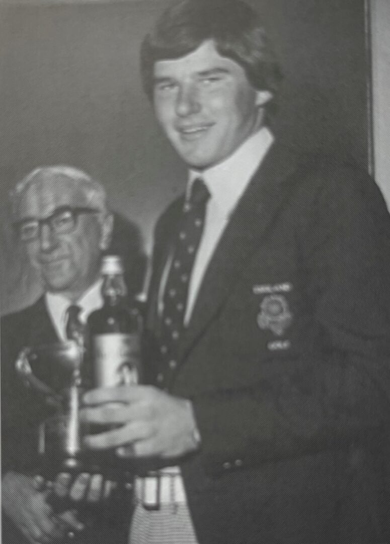 Sir Nick Faldo being presented trophy in 1976 at Craigmillar Park Golf Club Open