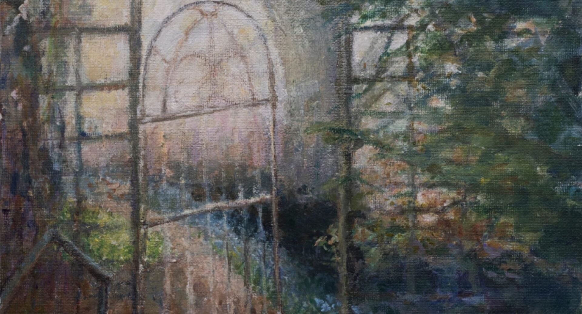 Painting, in shades of green, blue and cream, of a gate into a garden.