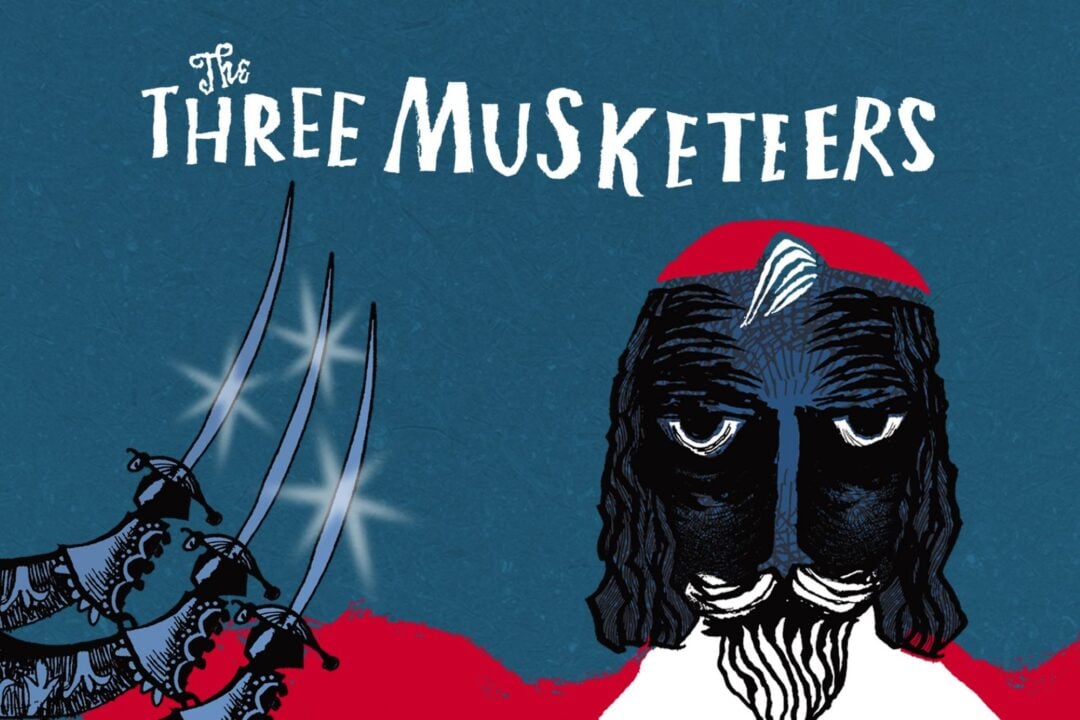 Poster image of The Three Musketeers, with a pirate and three swords.