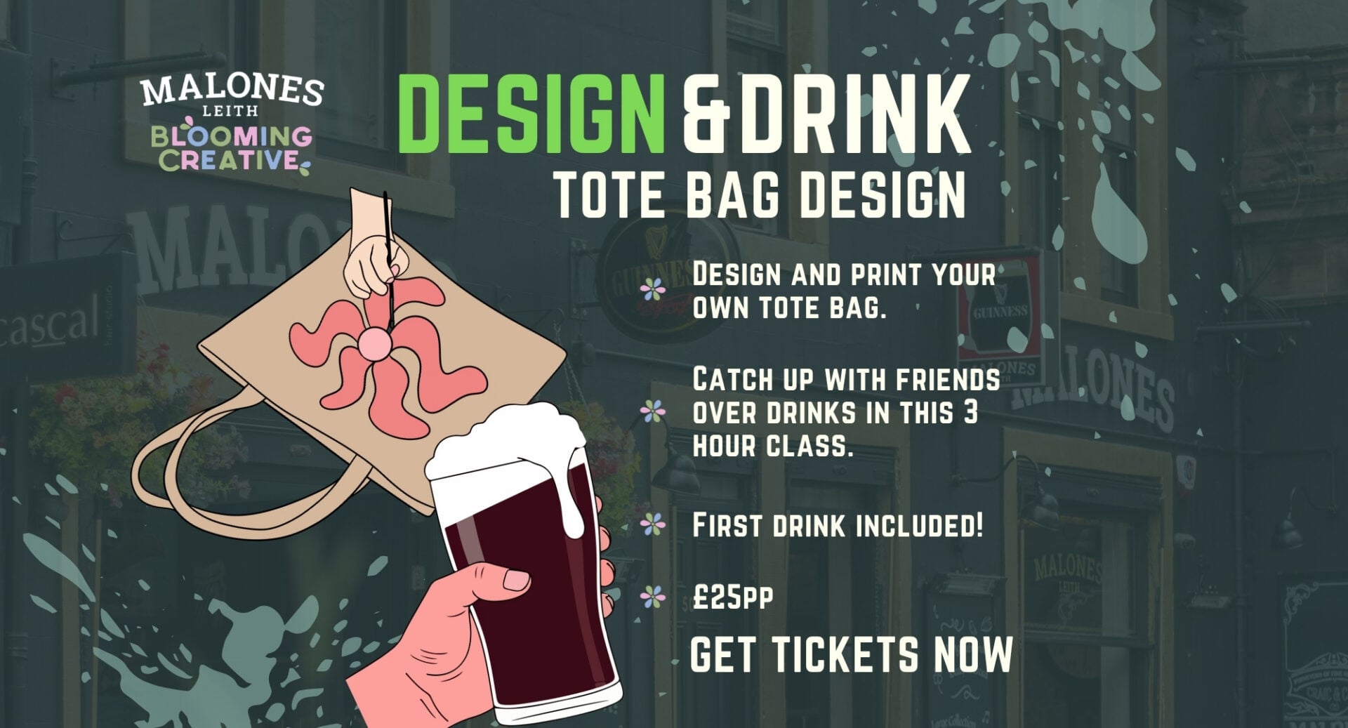 Poster image for Design & Drinks: Tote Bag Workshop, with a pint of beer and a totebag.
