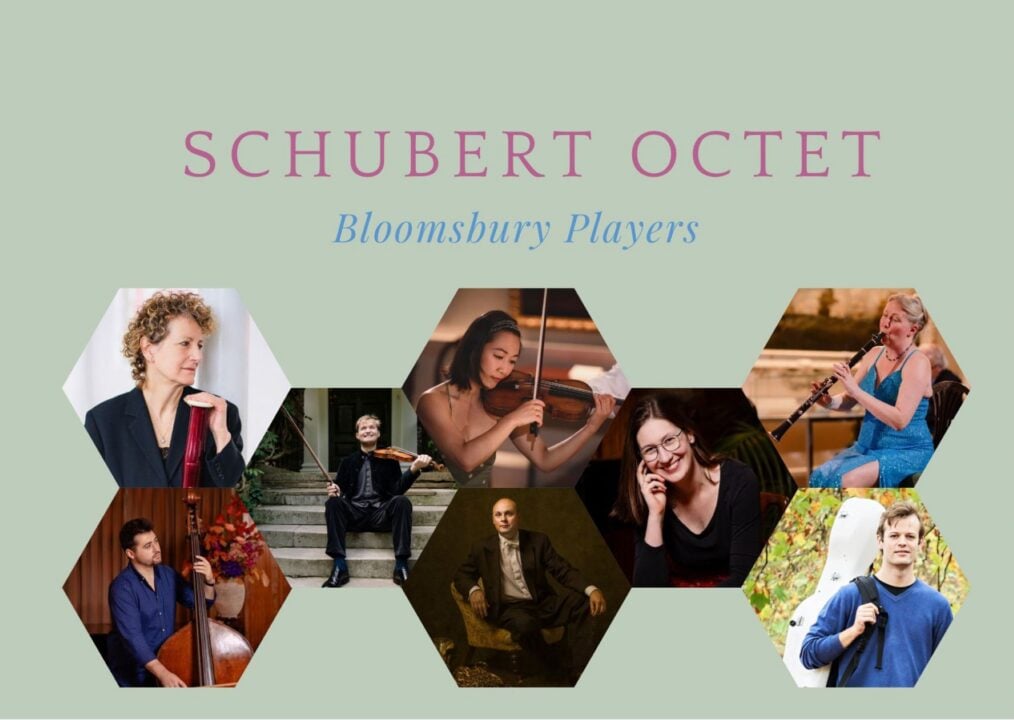 A poster comprising 8 hexagons. In each is an image of a musician playing or holding a musical instrument.
