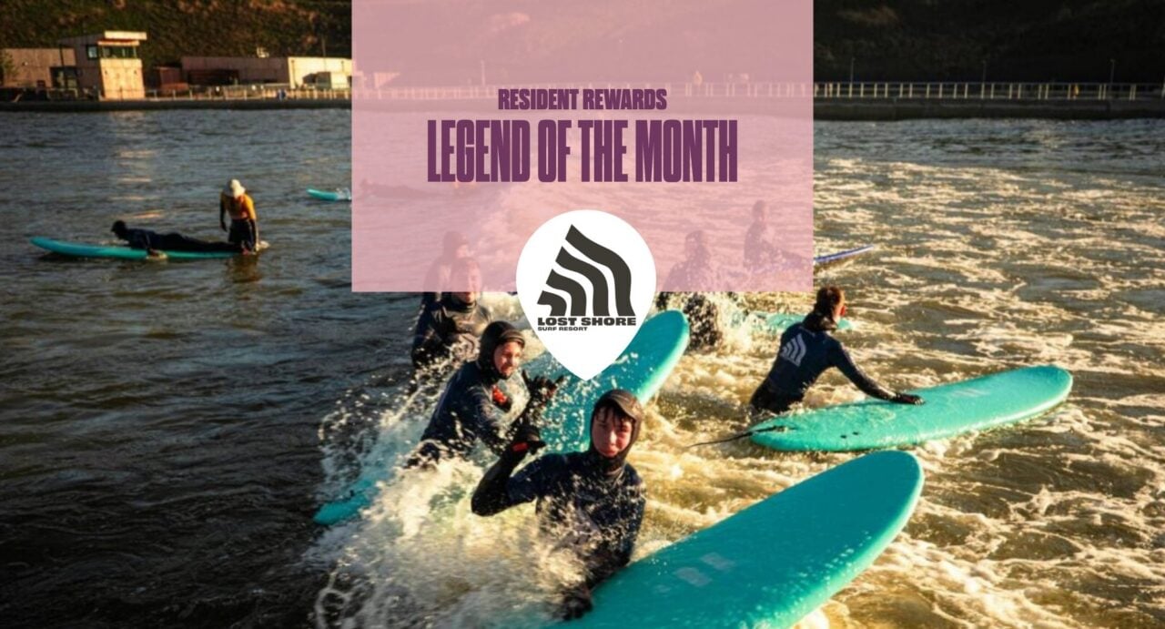 Image of group learning to surf with a pink box with words Resident Rewards