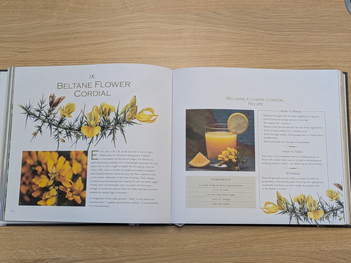 An open book, showing a recipe for Beltane flower cocktail.