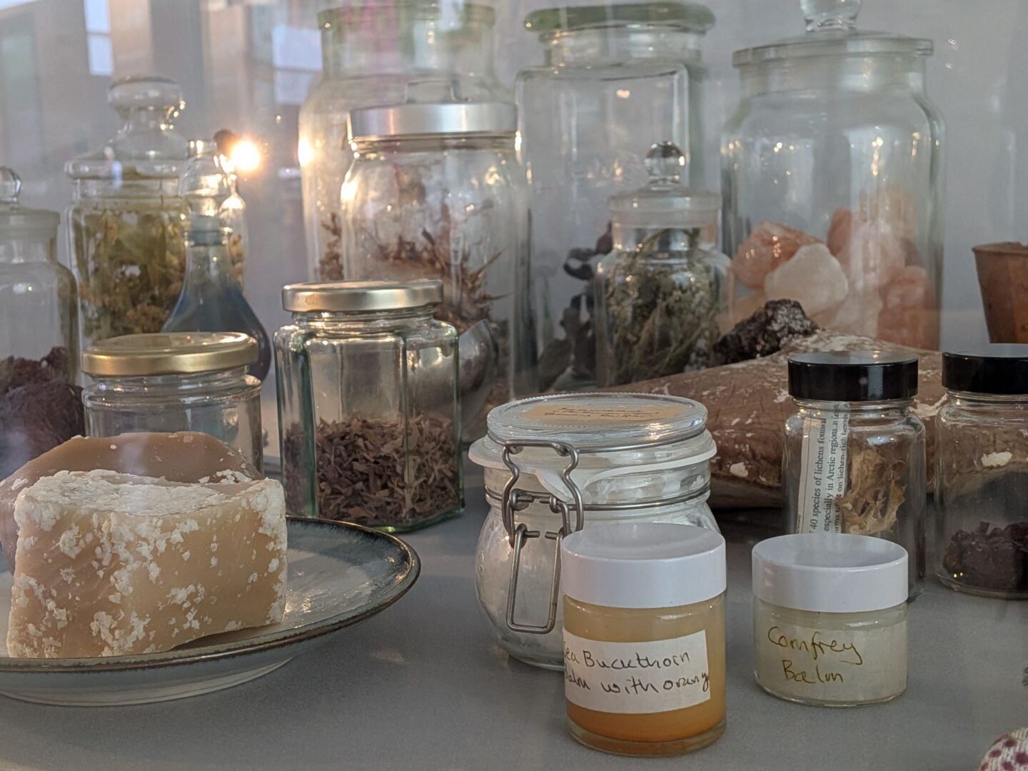 Jars of dried herbs and plants.