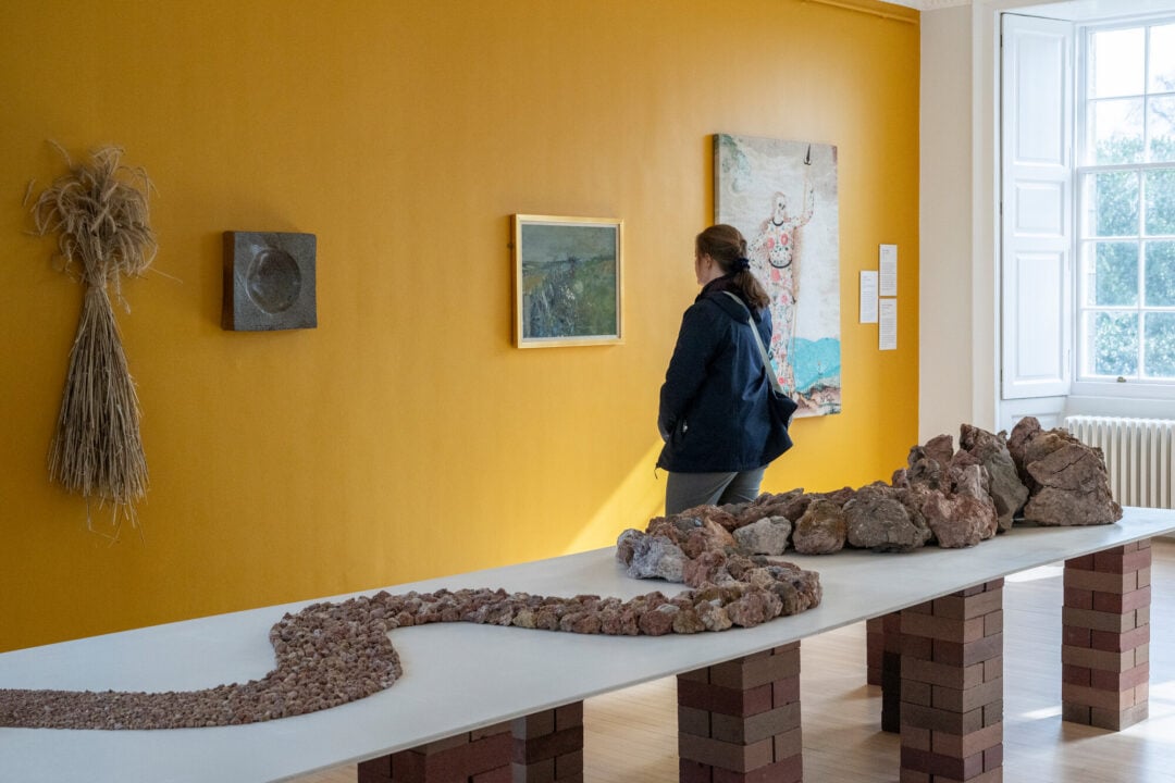 A person looking at a painting on a wall. Behind them is a table covered with rocks.