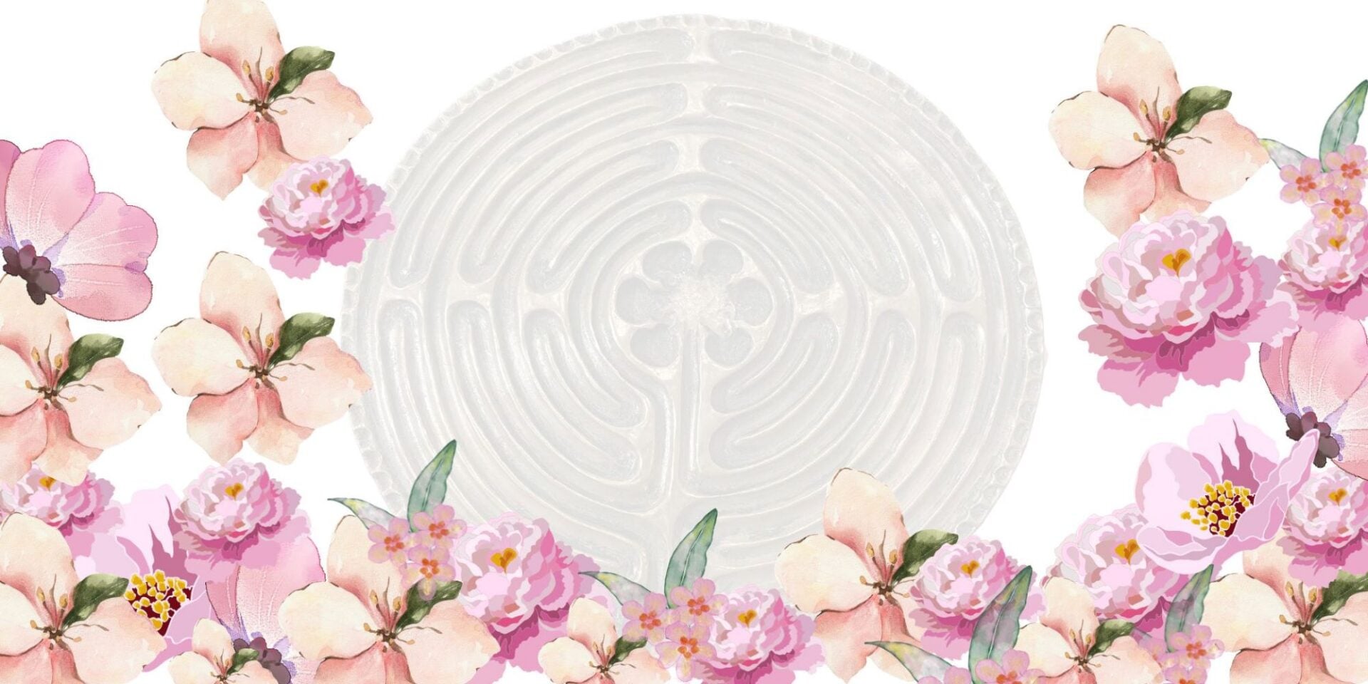 A circular shape, surrounded by pink and peach flowers.