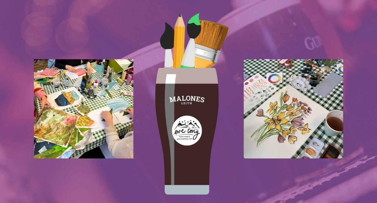 A pint glass, filled with paintbrushes and pencils. On either side are paintings of flowers.