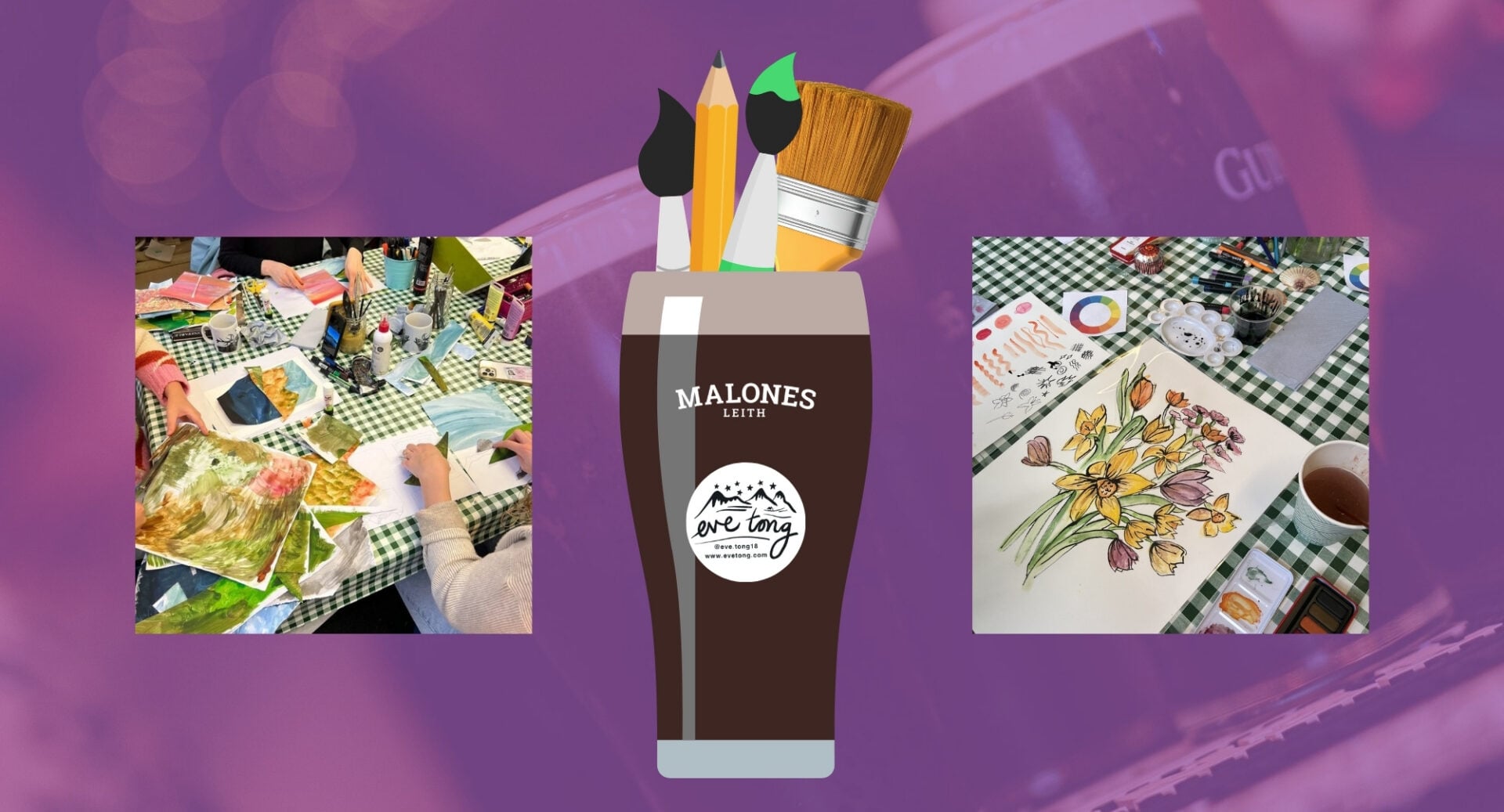 A pint glass, filled with paintbrushes and pencils. On either side are paintings of flowers.