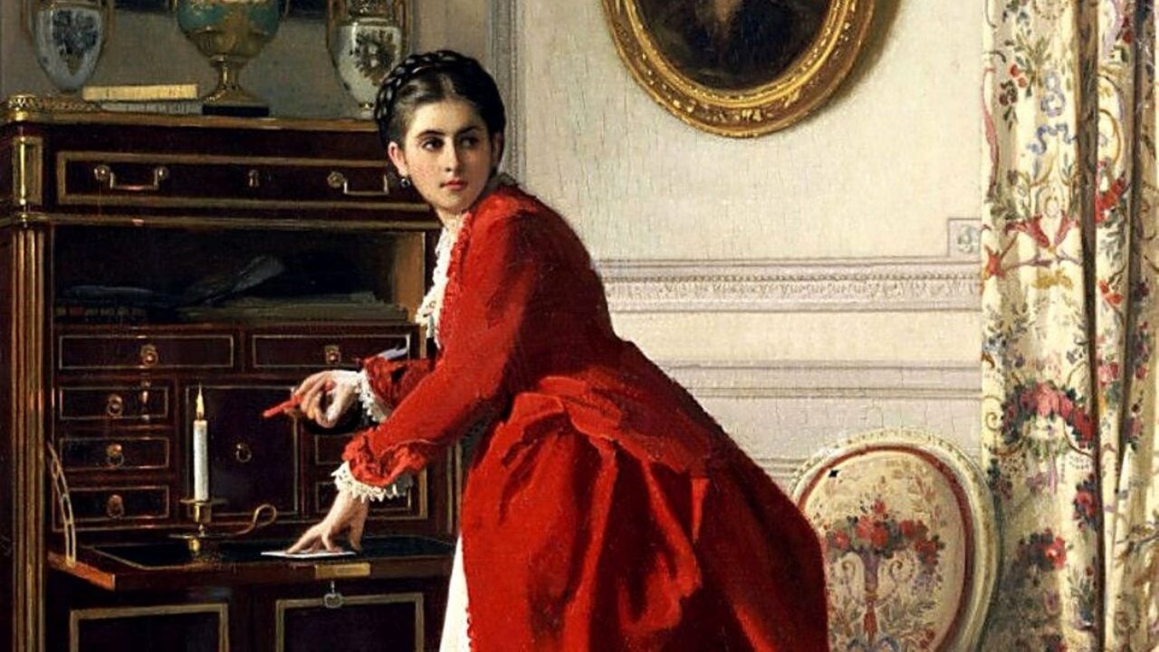 Painting of a young girl in a long red dress at writing desk.