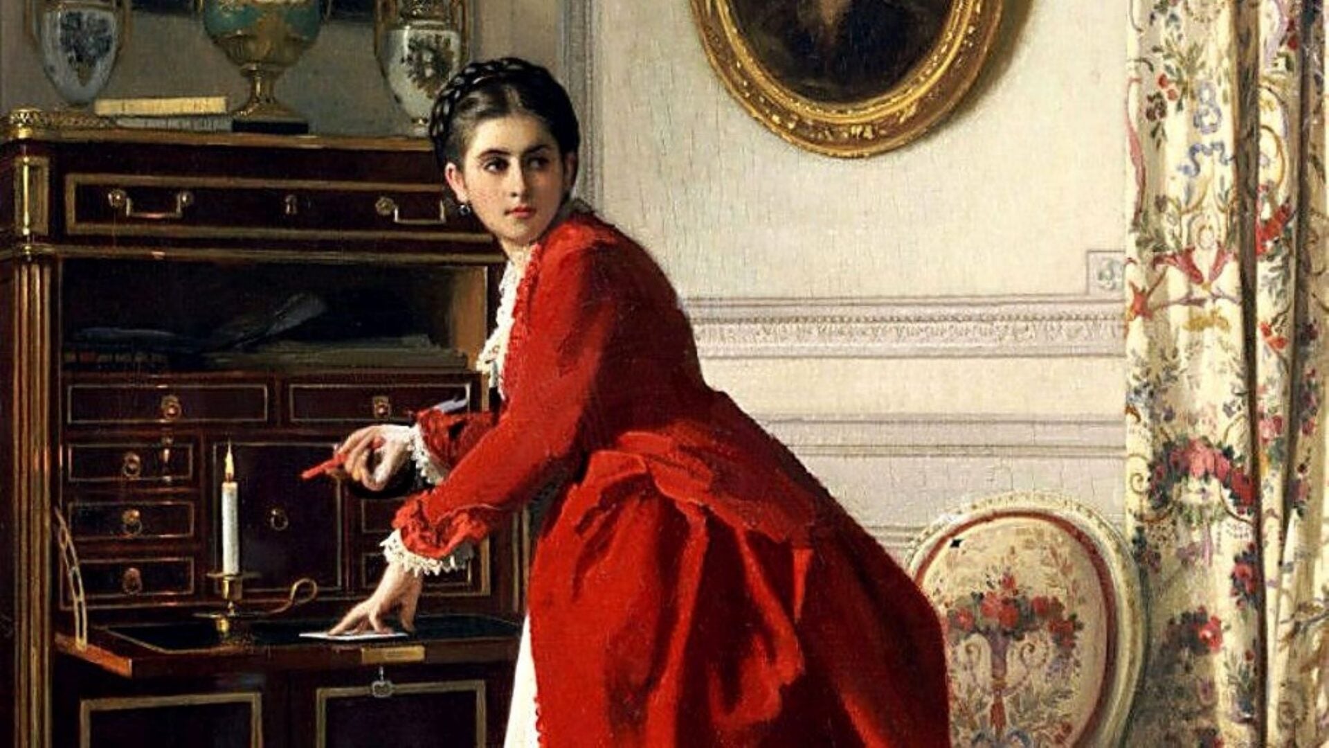Painting of a young girl in a long red dress at writing desk.