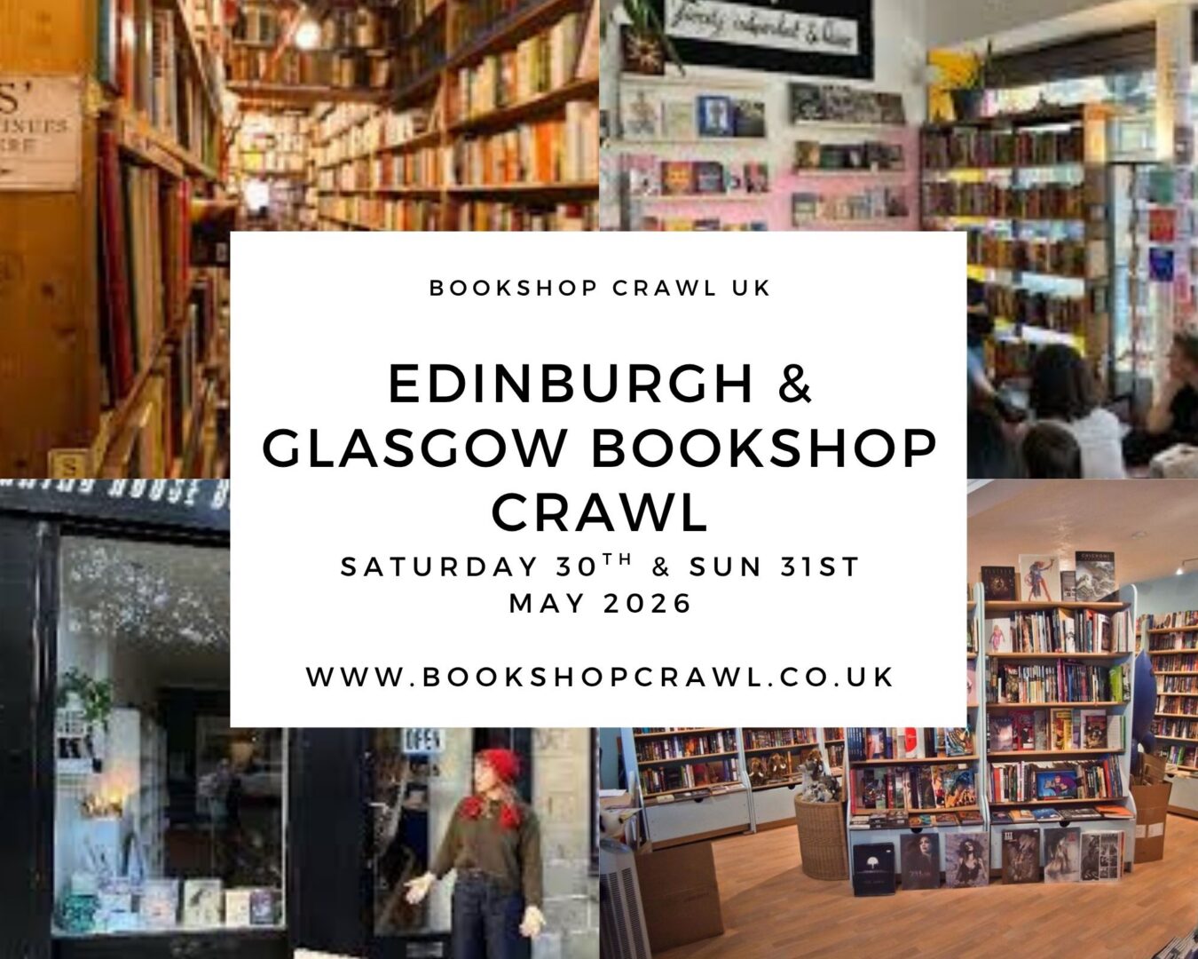 Poster image of Edinburgh Bookshop Crawl, with images of bookshops.