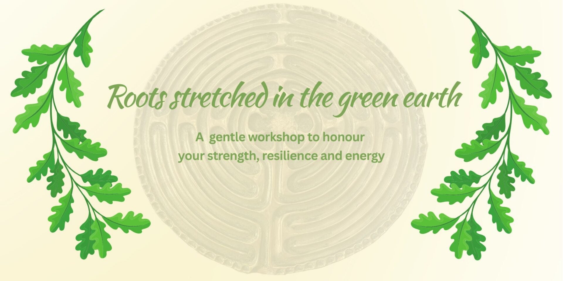 Poster advertising Roots Stretched in the Green Earth, with circle in the middle, and green leaves on either side.