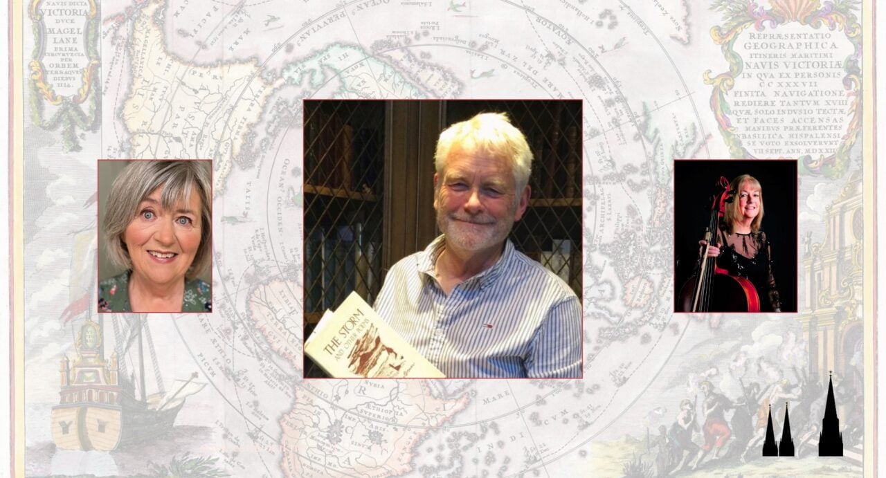 An image of a map, with portrait images of 3 people on top of it.